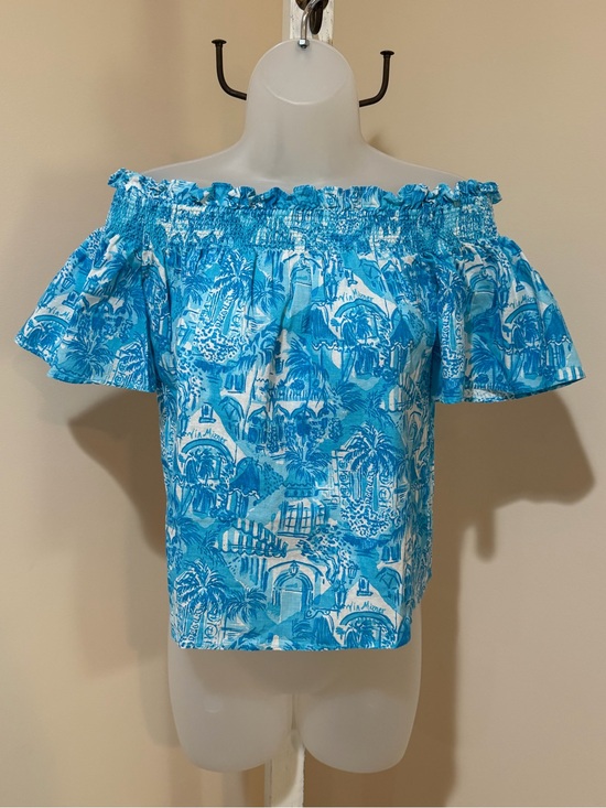 Lilly Pulitzer Tops - NEW Lilly Pulitzer Leanne Off Shoulder Linen Amalfi Blue Sunny State of Mind XXS
